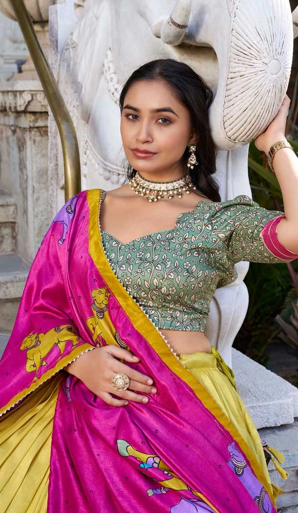 Tussar Silk Printed Traditional Party Wear Lehenga Choli In Yellow - 11562201692