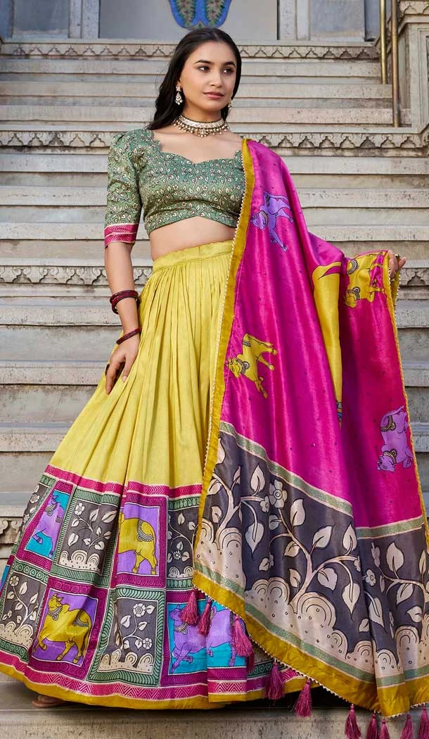 Tussar Silk Printed Traditional Party Wear Lehenga Choli In Yellow - 11562201692