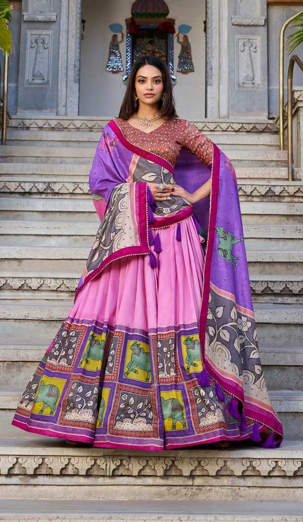 Tussar Silk Printed Traditional Party Wear Lehenga Choli In Pink - 11562201693