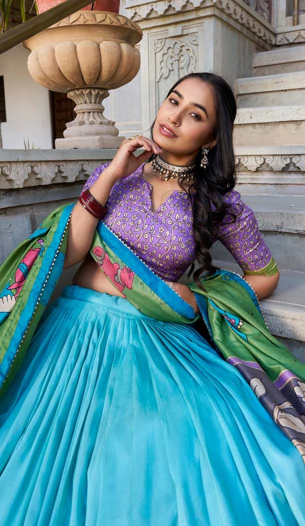 Tussar Silk Printed Traditional Party Wear Lehenga Choli In Sky Blue - 11562201694