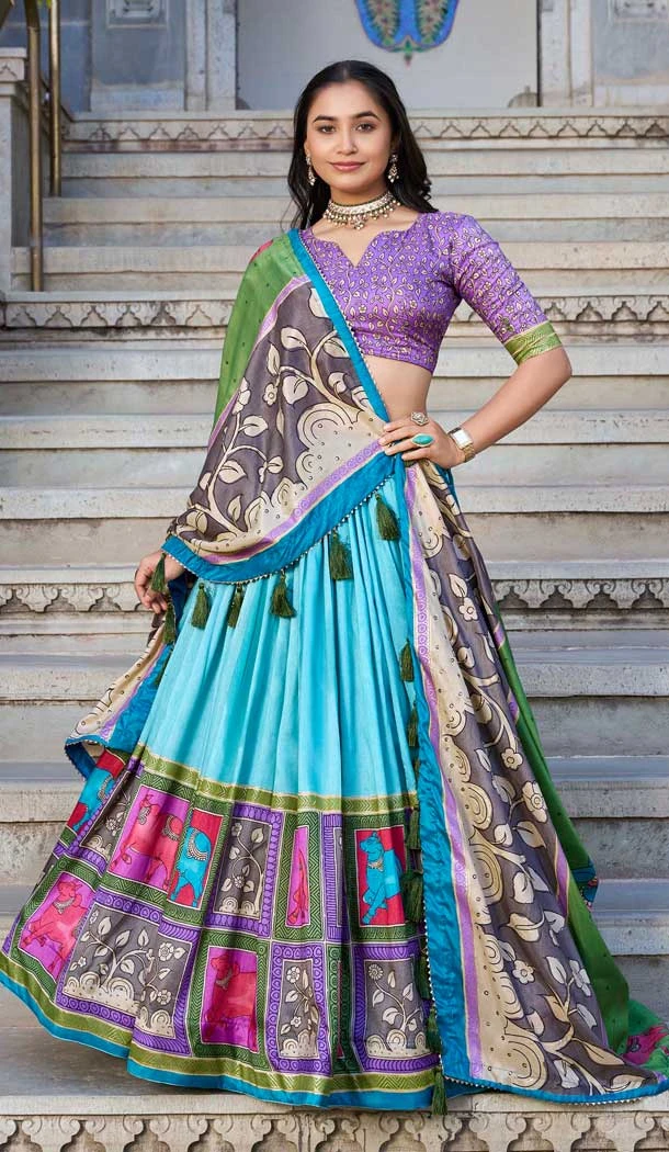 Tussar Silk Printed Traditional Party Wear Lehenga Choli In Sky Blue - 11562201694
