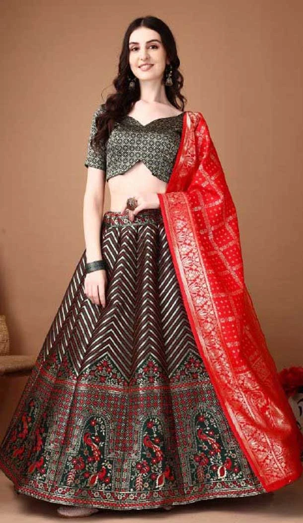 Green Silk Jacquard Work Casual Party Wear Lehenga Choli  - 11564201697