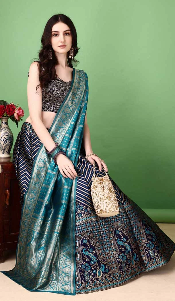 Turquoise Blue Silk Jacquard Work Casual Party Wear Lehenga Choli  - 11564201698