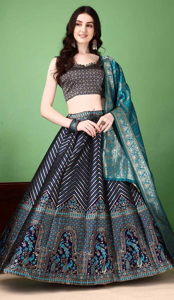 Turquoise Blue Silk Jacquard Work Casual Party Wear Lehenga Choli  - 11564201698