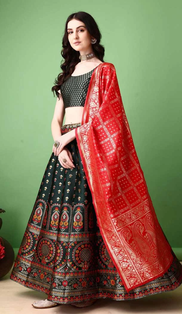 Dark Green Silk Jacquard Work Casual Party Wear Lehenga Choli  - 11564201699