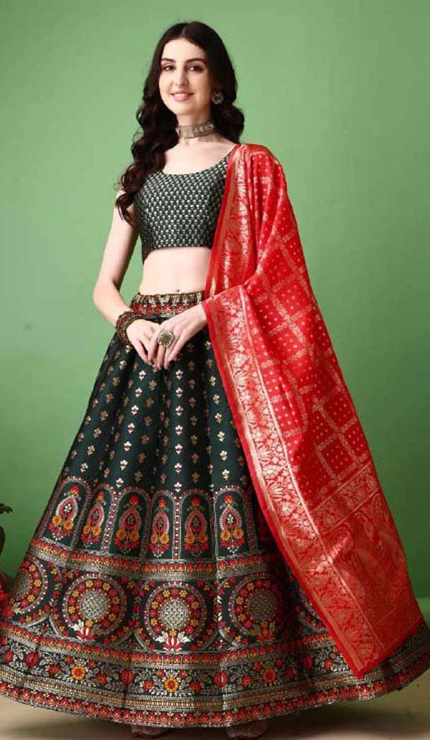 Dark Green Silk Jacquard Work Casual Party Wear Lehenga Choli  - 11564201699