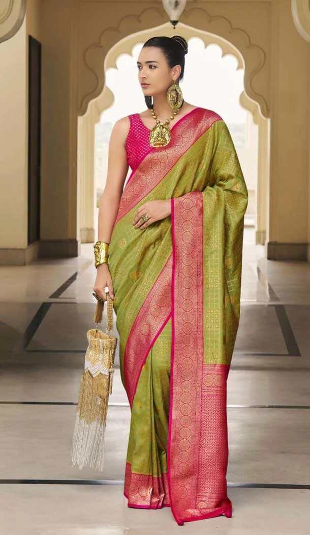 Banarasi Silk Weaving Work Party Wear Saree In Parrot Green - 11576201774