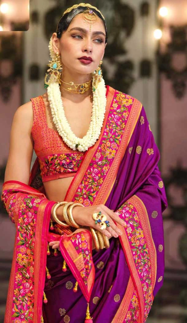 Purple Banarasi Silk Resham Work Designer Party Wear Saree - 11577201776