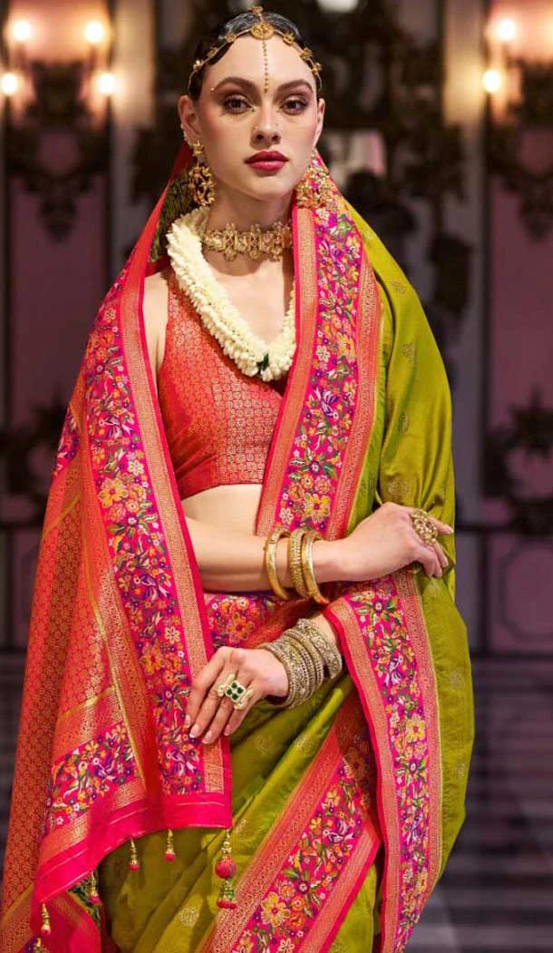 Parrot Green Banarasi Silk Resham Work Designer Party Wear Saree - 11577201777