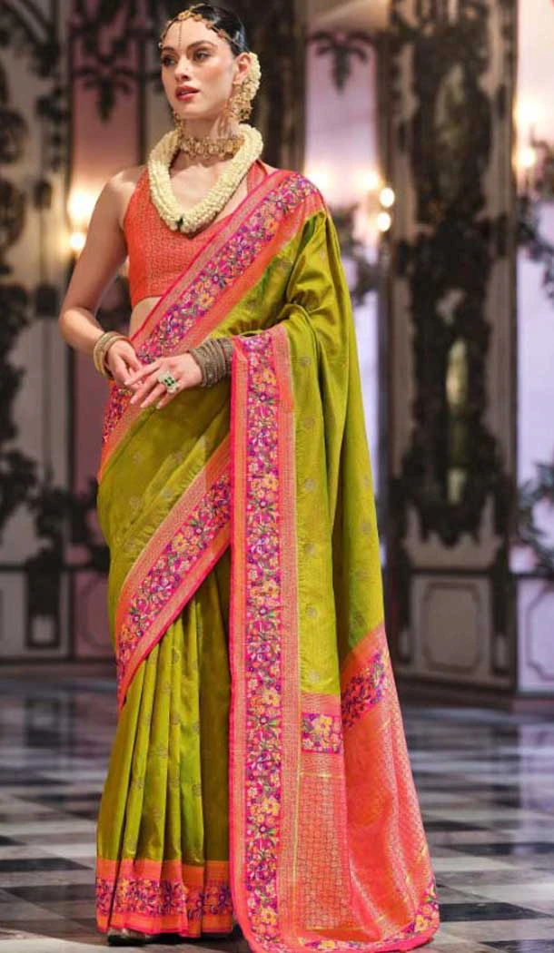 Parrot Green Banarasi Silk Resham Work Designer Party Wear Saree - 11577201777
