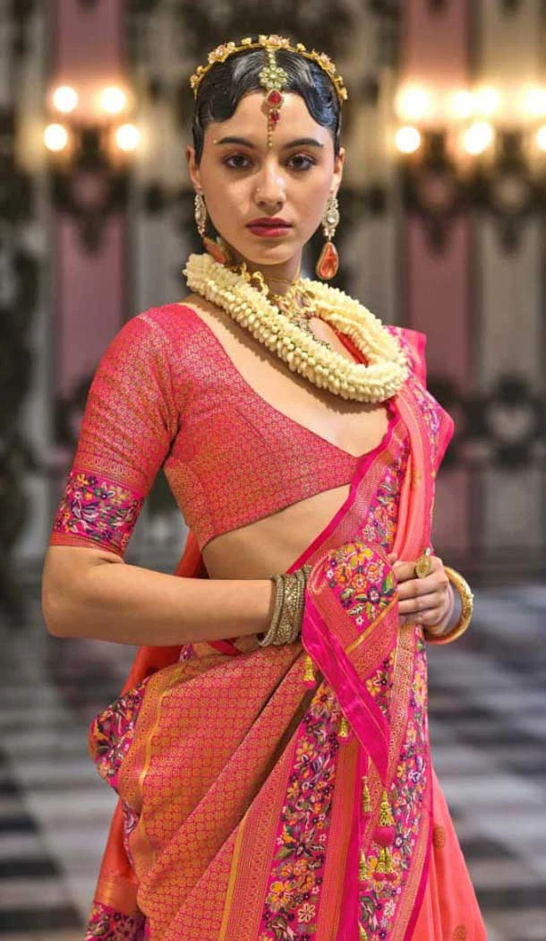 Pink Banarasi Silk Resham Work Designer Party Wear Saree - 11577201779