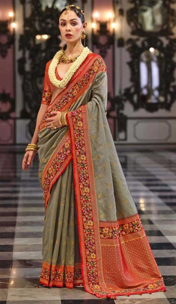 Grey Banarasi Silk Resham Work Designer Party Wear Saree - 11577201781