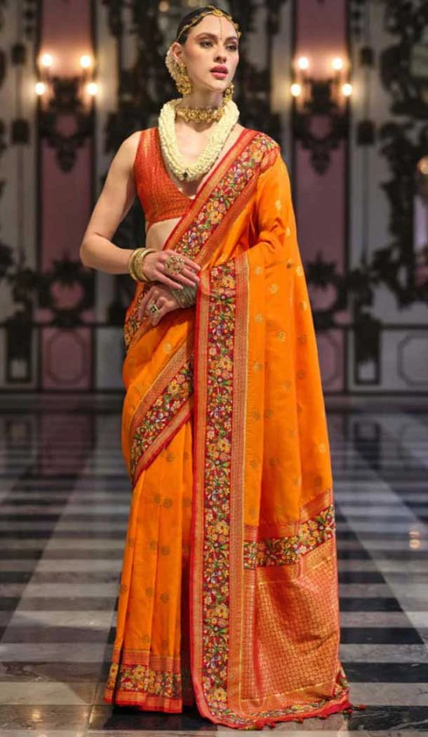 Orange Banarasi Silk Resham Work Designer Party Wear Saree - 11577201782