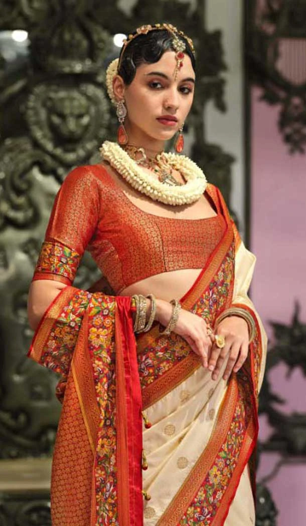 Cream Banarasi Silk Resham Work Designer Party Wear Saree - 11577201783