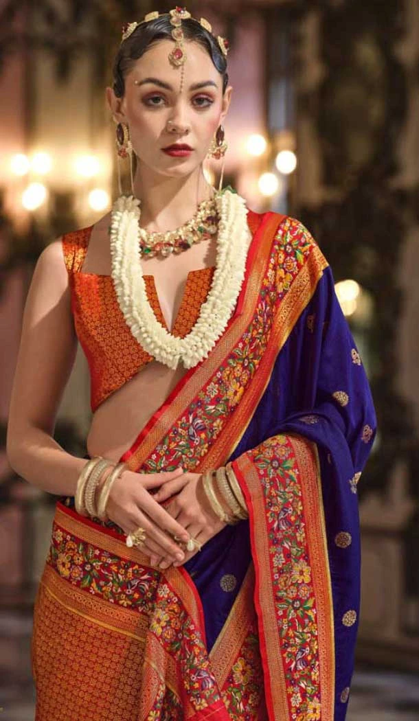 Navy Blue Banarasi Silk Resham Work Designer Party Wear Saree - 11577201784