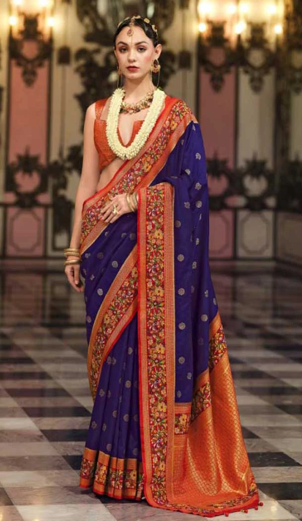 Navy Blue Banarasi Silk Resham Work Designer Party Wear Saree - 11577201784