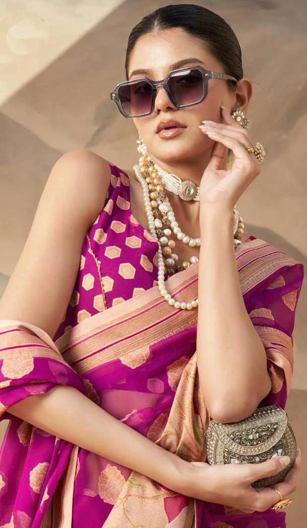 Georgette Zari Weaving Work Party Wear Saree In Rani Pink - 11579201790
