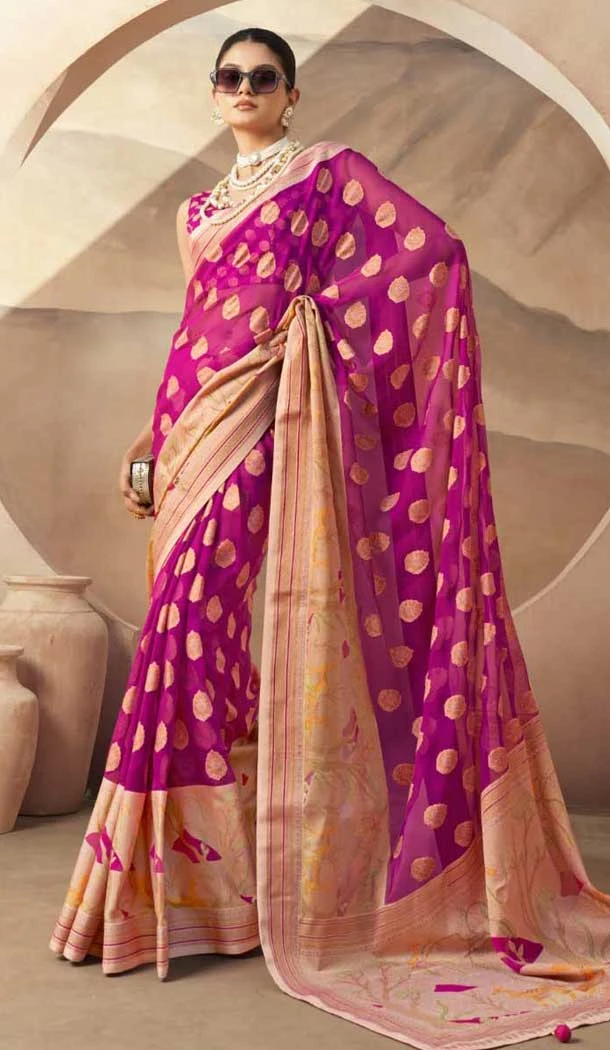 Georgette Zari Weaving Work Party Wear Saree In Rani Pink - 11579201790