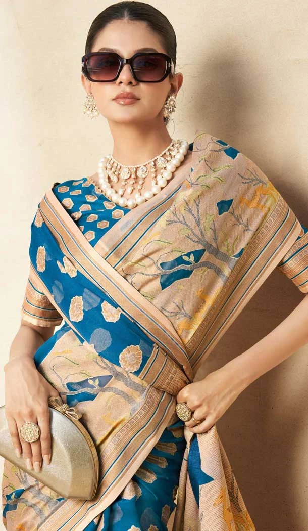 Georgette Zari Weaving Work Party Wear Saree In Firozi Blue - 11579201791