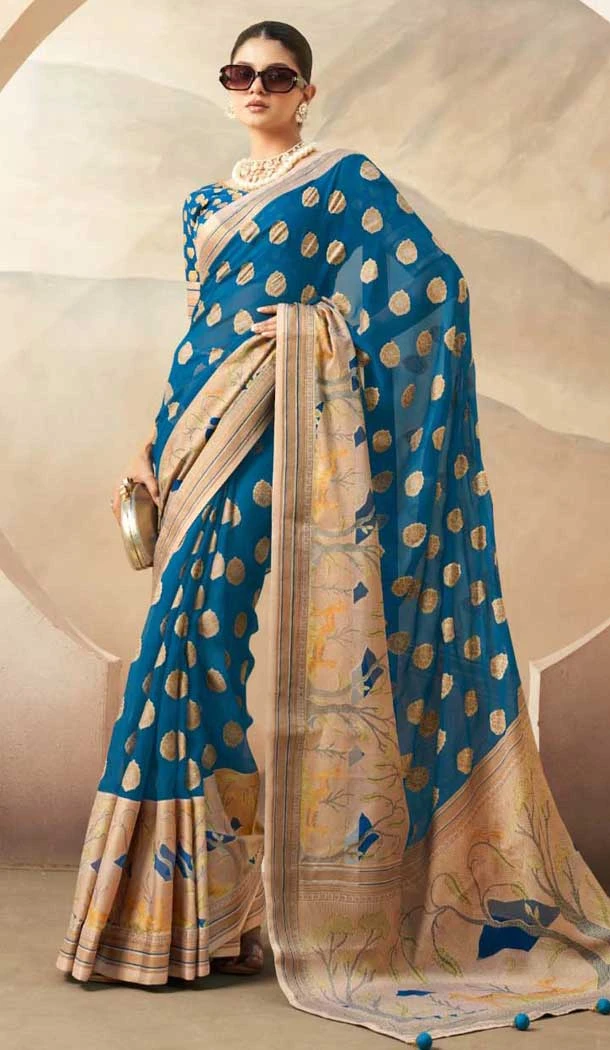 Georgette Zari Weaving Work Party Wear Saree In Firozi Blue - 11579201791