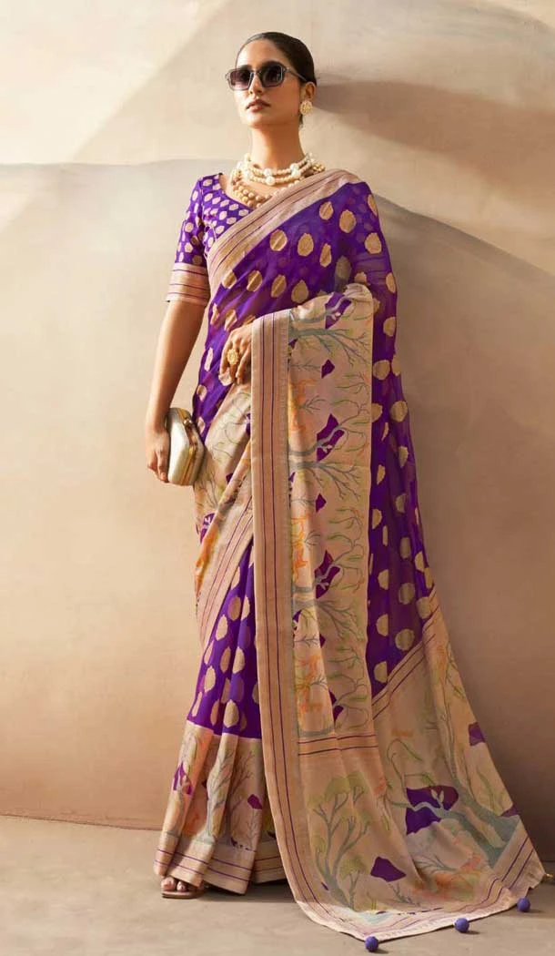 Georgette Zari Weaving Work Party Wear Saree In Purple - 11579201793