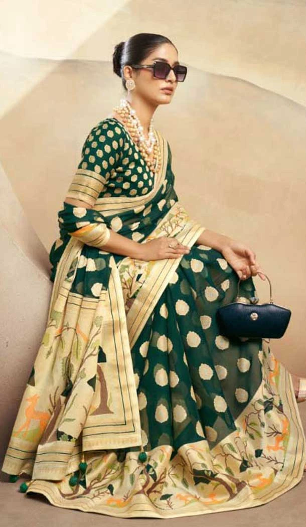 Georgette Zari Weaving Work Party Wear Saree In Green - 11579201794