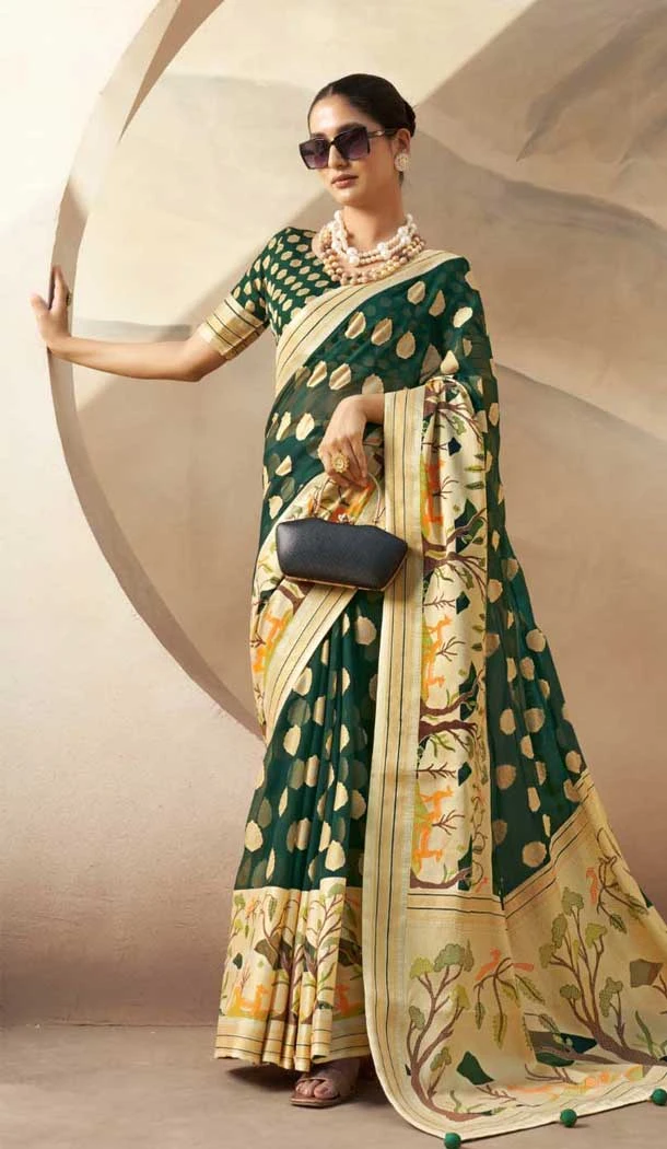 Georgette Zari Weaving Work Party Wear Saree In Green - 11579201794