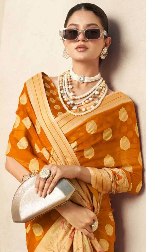 Georgette Zari Weaving Work Party Wear Saree In Yellow - 11579201795