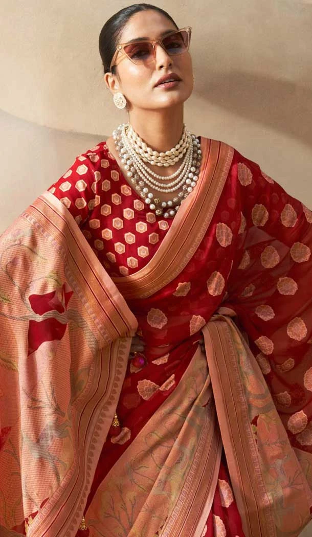 Georgette Zari Weaving Work Party Wear Saree In Red - 11579201796