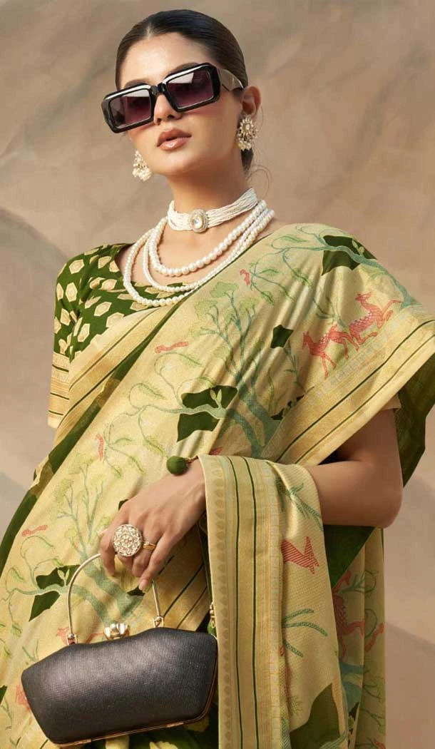 Georgette Zari Weaving Work Party Wear Saree In Mehendi Green - 11579201797