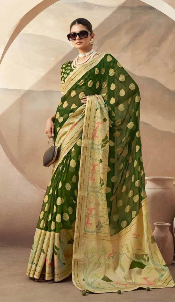 Georgette Zari Weaving Work Party Wear Saree In Mehendi Green - 11579201797