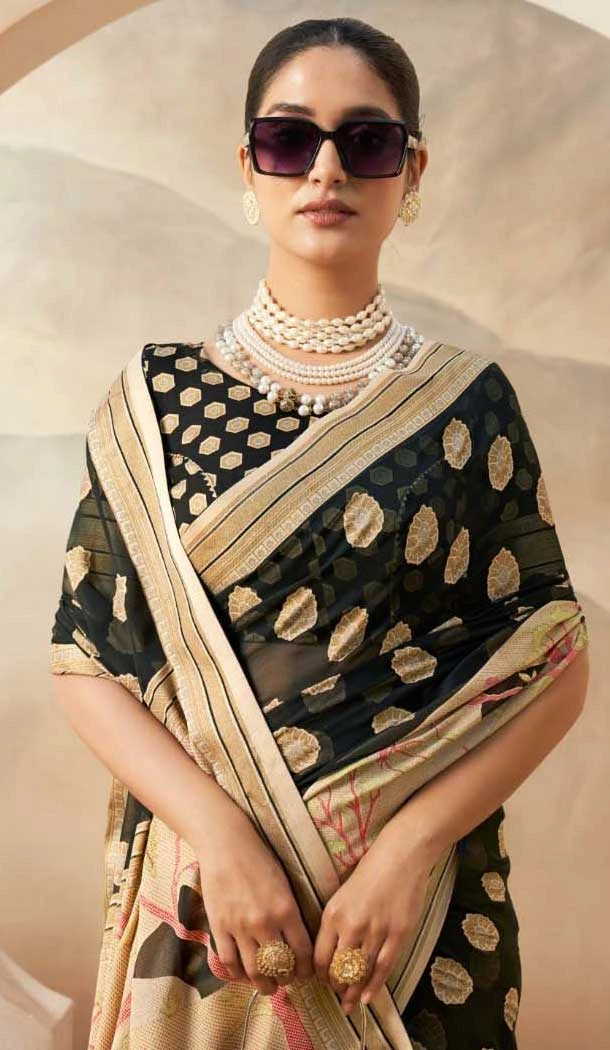 Georgette Zari Weaving Work Party Wear Saree In Black - 11579201798
