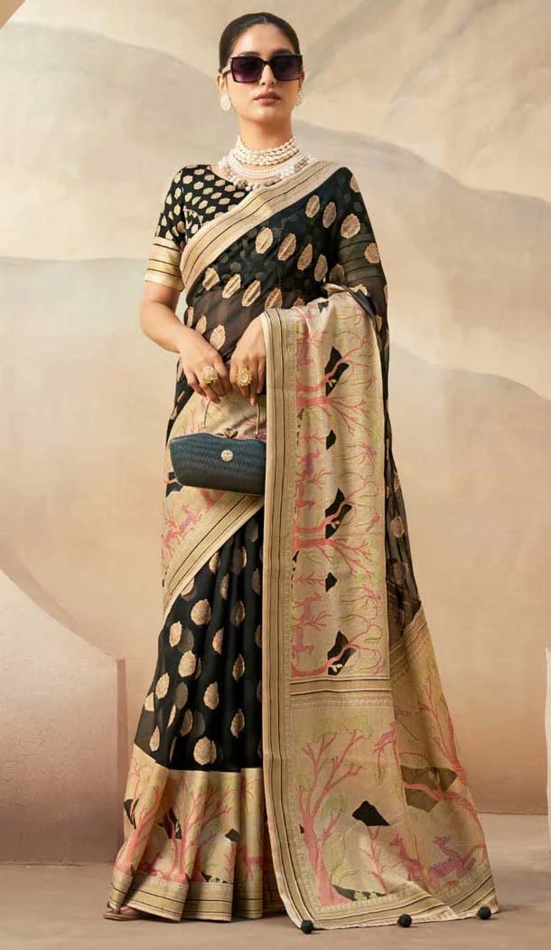 Georgette Zari Weaving Work Party Wear Saree In Black - 11579201798