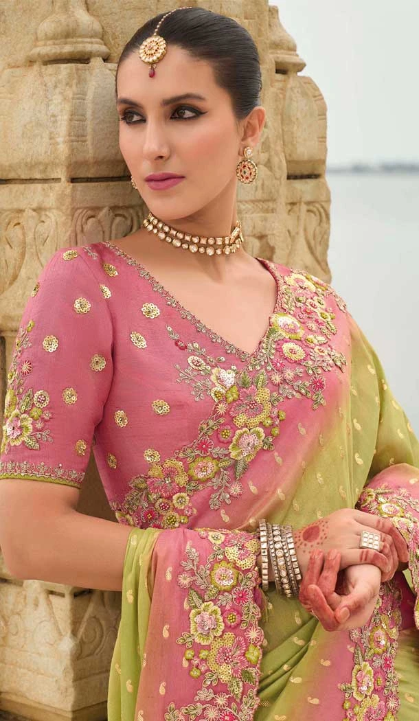 Light Green Tissue Silk Embroidery Butti Work Wedding Wear Saree - 11615202161