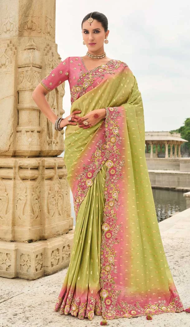 Light Green Tissue Silk Embroidery Butti Work Wedding Wear Saree - 11615202161