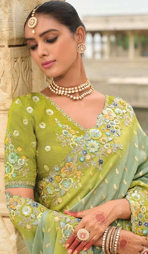 Light Olive Green Tissue Silk Embroidery Butti Work Wedding Wear Saree - 11615202162