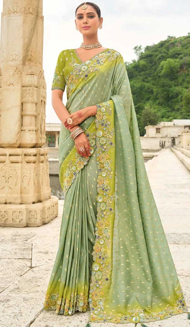 Light Olive Green Tissue Silk Embroidery Butti Work Wedding Wear Saree - 11615202162