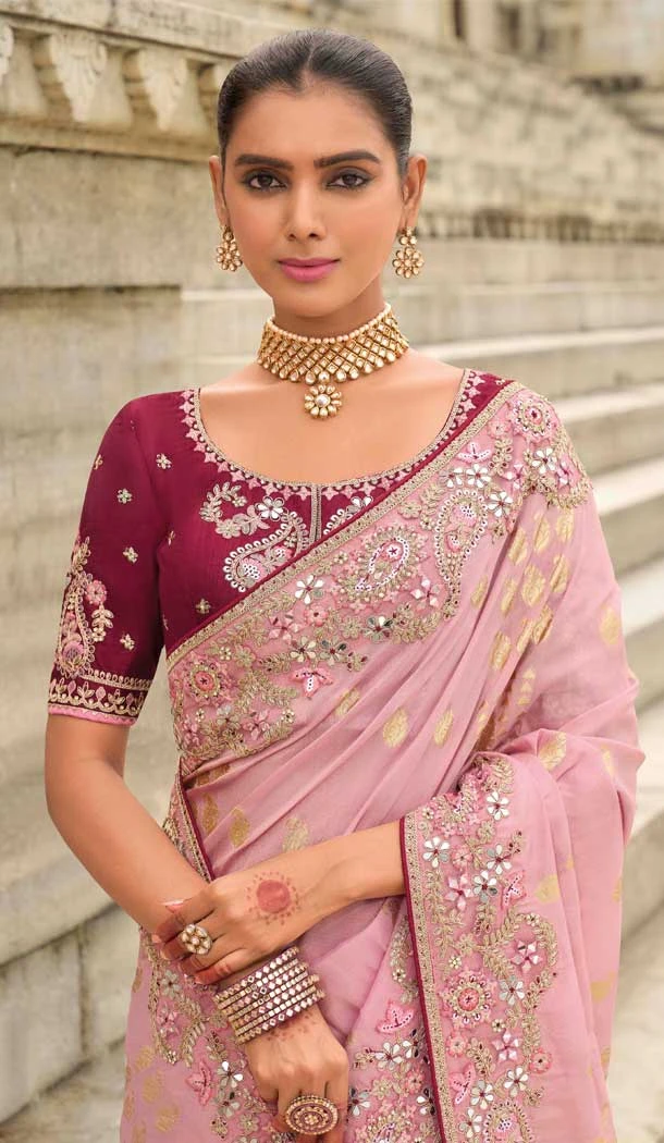 Baby Pink Tissue Silk Embroidery Butti Work Wedding Wear Saree - 11615202163