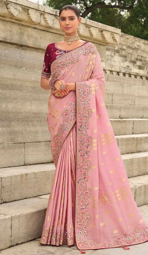Baby Pink Tissue Silk Embroidery Butti Work Wedding Wear Saree - 11615202163