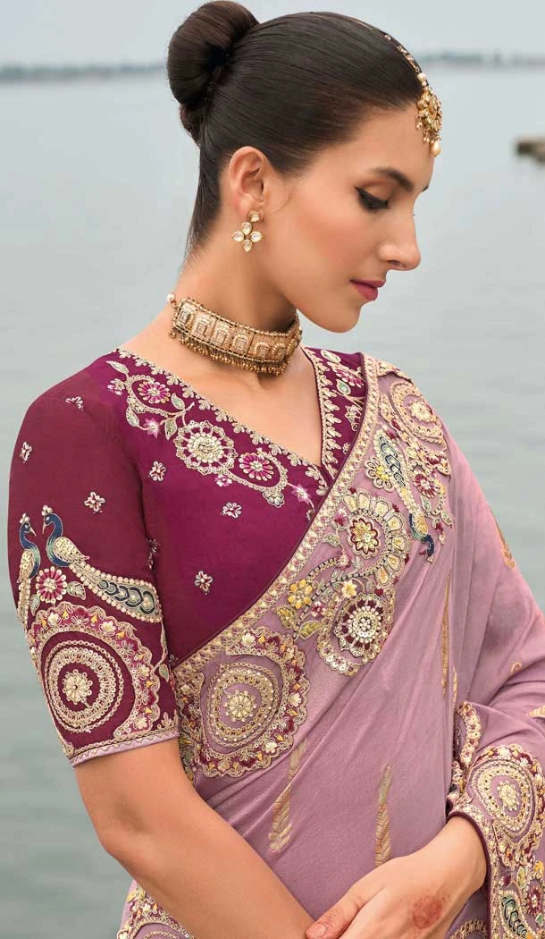 Mauve Tissue Silk Embroidery Butti Work Wedding Wear Saree - 11615202164