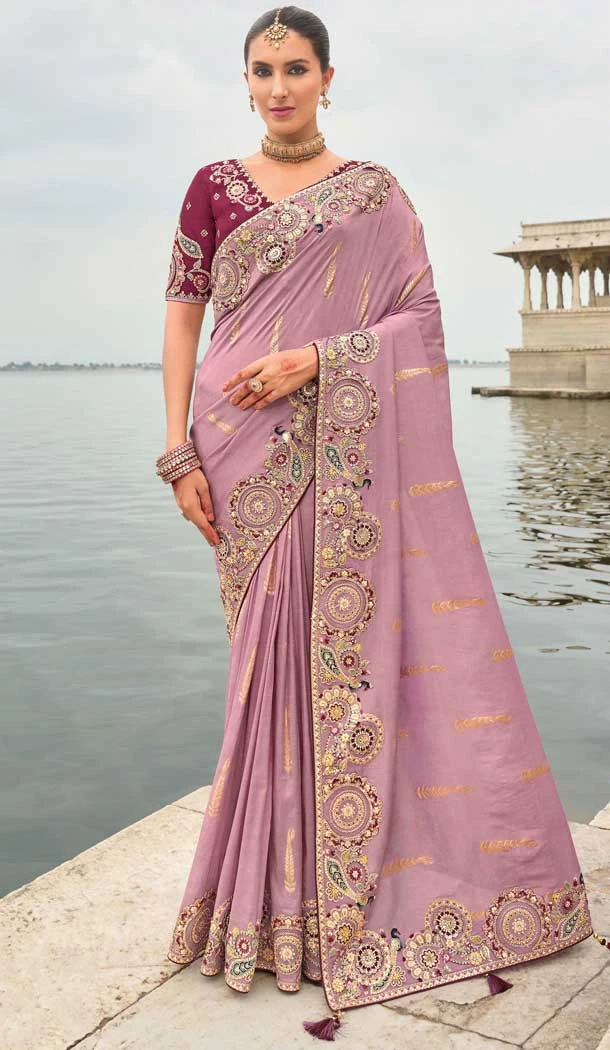 Mauve Tissue Silk Embroidery Butti Work Wedding Wear Saree - 11615202164