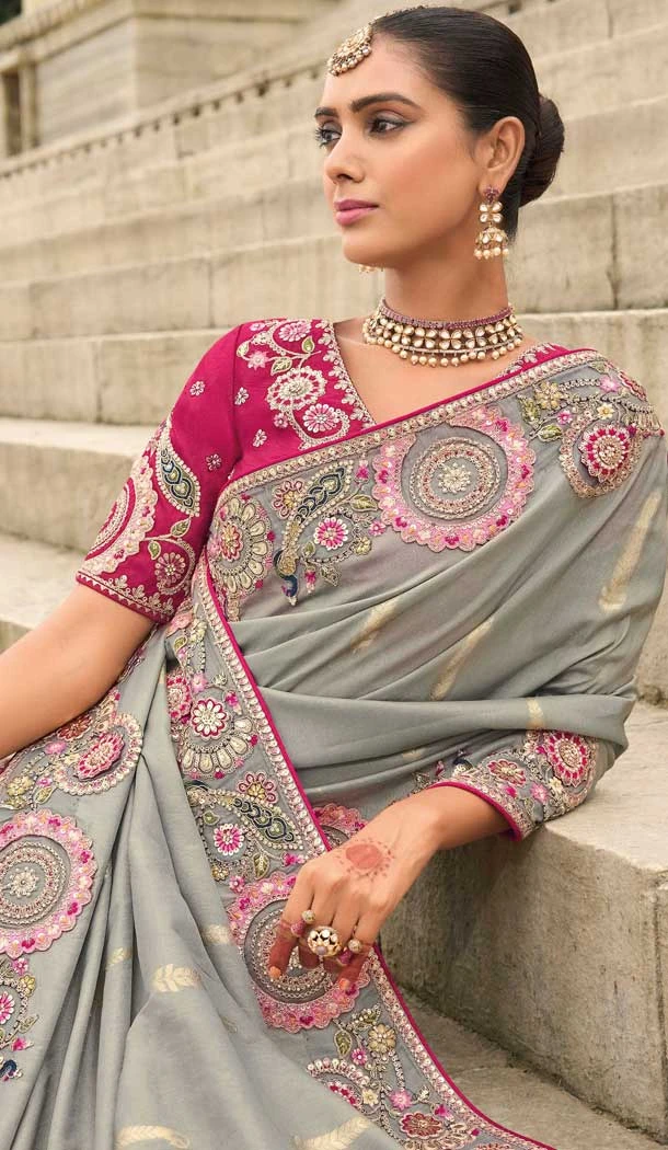 Grey Tissue Silk Embroidery Butti Work Wedding Wear Saree - 11615202165