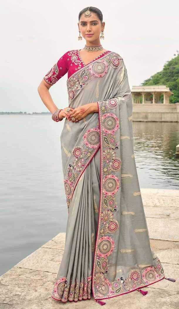 Grey Tissue Silk Embroidery Butti Work Wedding Wear Saree - 11615202165