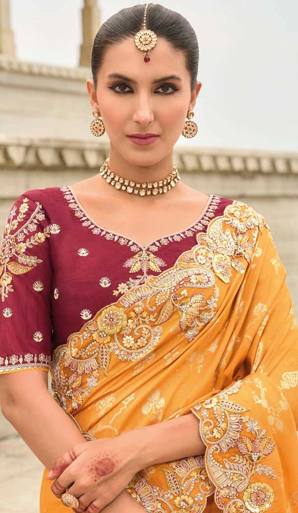 Mustard Tissue Silk Embroidery Butti Work Wedding Wear Saree - 11615202166