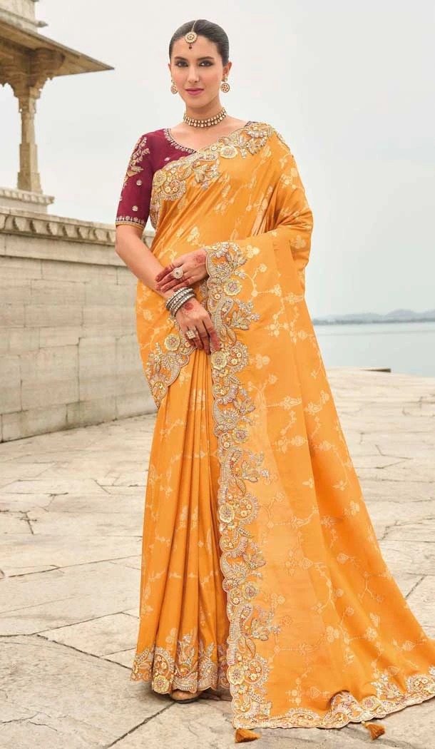 Mustard Tissue Silk Embroidery Butti Work Wedding Wear Saree - 11615202166