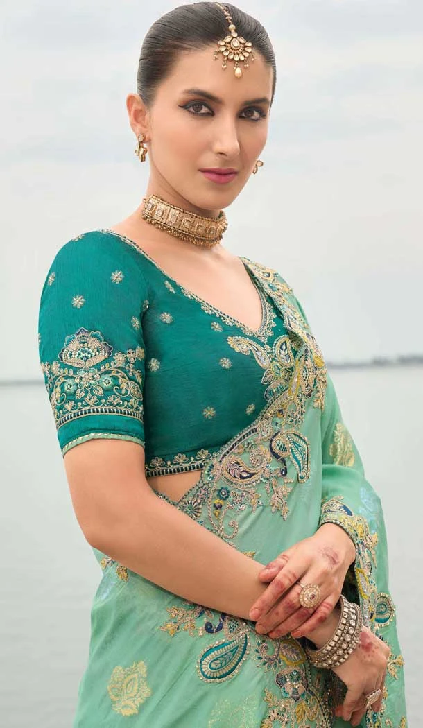 Mint Green Tissue Silk Embroidery Butti Work Wedding Wear Saree - 11615202168