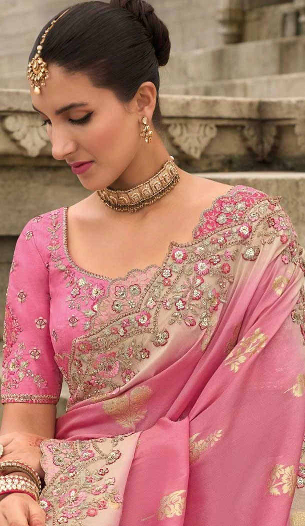 Pink Tissue Silk Embroidery Butti Work Wedding Wear Saree - 11615202169
