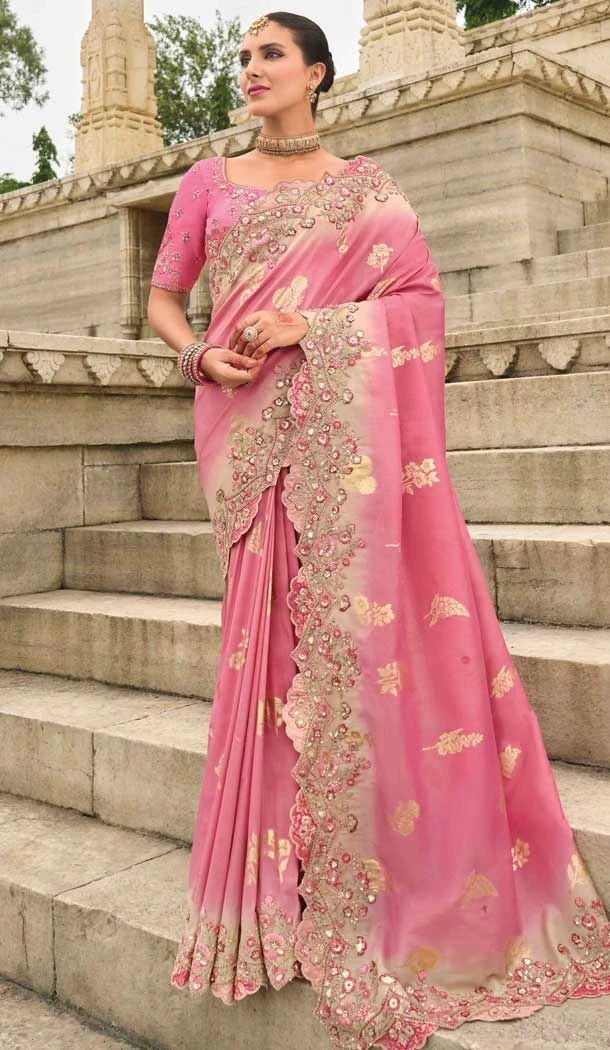 Pink Tissue Silk Embroidery Butti Work Wedding Wear Saree - 11615202169