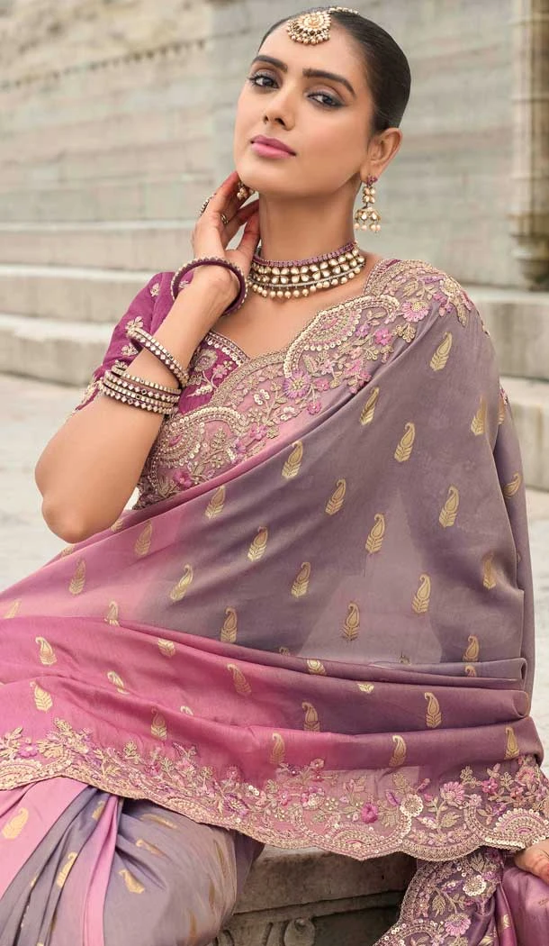 Multi Color Tissue Silk Embroidery Butti Work Wedding Wear Saree - 11615202171