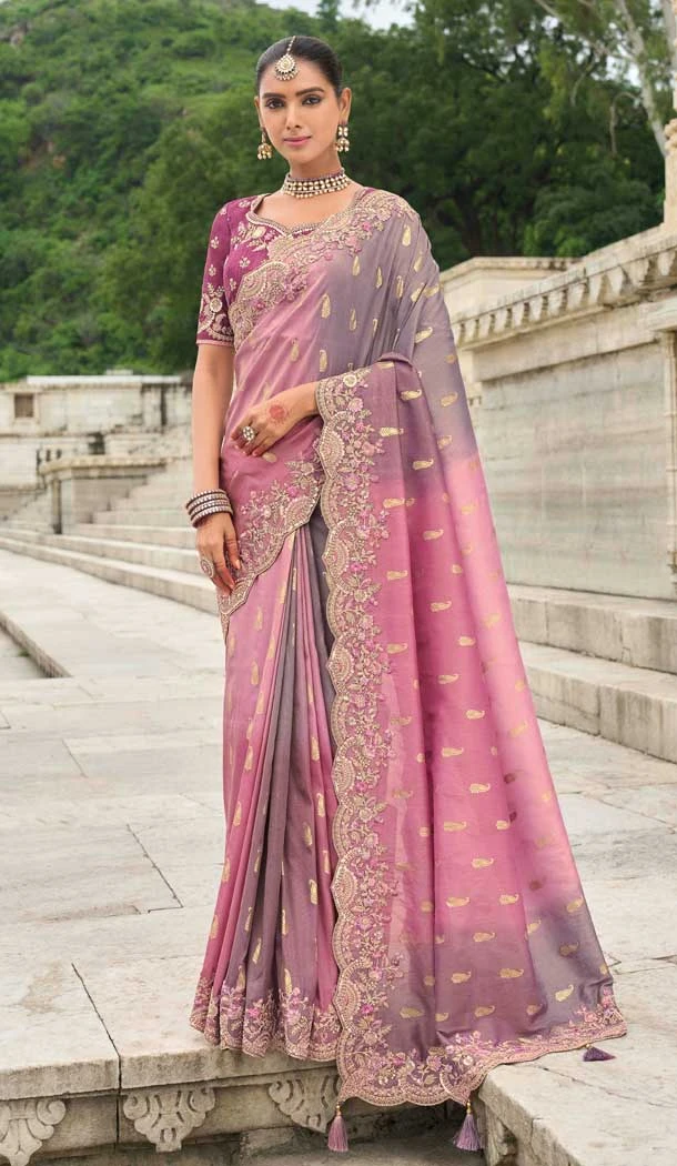 Multi Color Tissue Silk Embroidery Butti Work Wedding Wear Saree - 11615202171
